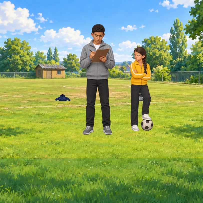 A picture from the episode: Gus, sixteen, writing on a clipboard with his eyebrows pulled down hard. Nadia stands beside him with her arms folded and her foot on the ball, glaring at him.