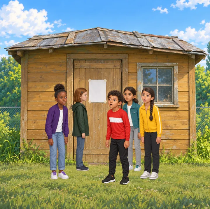 A picture from the first episode: the old clubhouse door, with a notice taped to it. Ruby stands side on, reading it out loud; Omar has turned to her, open-mouthed; Dara, Priya and Nadia are gathered round, Nadia with her eyebrows up.