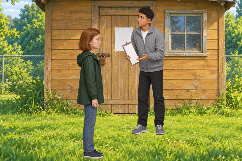 The old clubhouse, a notice taped to its padlocked door. Ruby, nearest, stands side on and looks up at Gus. Gus, sixteen and a head taller, holds a clipboard and is explaining something to her.