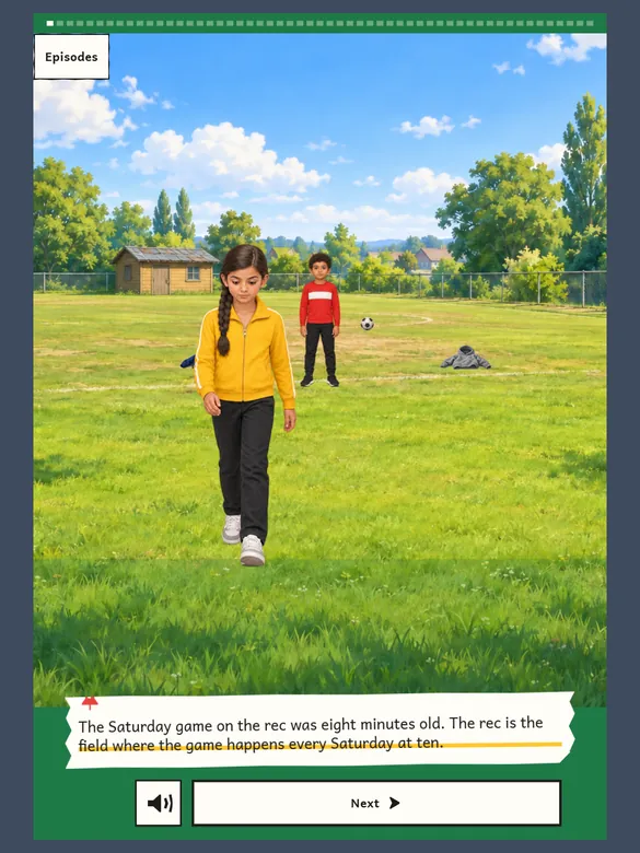 The episode on a tablet: the rec on a Saturday morning, and the first line of the story on a pinned card.