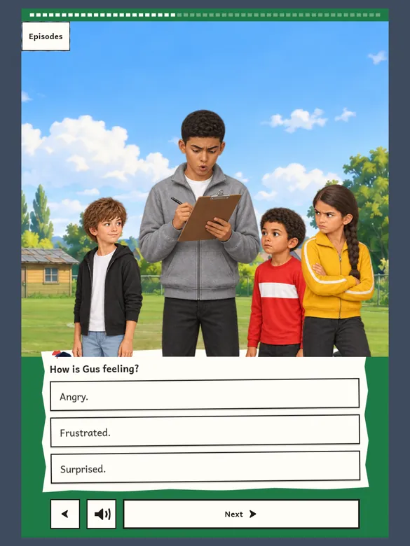 A question screen from the episode: How is Gus feeling? with three answers to choose from: Angry, Frustrated, Surprised.