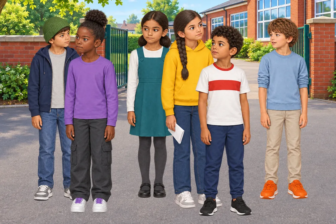 The six at the school gate. On the left, Kit in a green hat and Dara stand close together, turned to each other. Priya stands a step behind the others. Nadia, a sheet of paper in her hand, and her brother Omar look at each other. Jonah stands a little apart on the right, looking across at them.