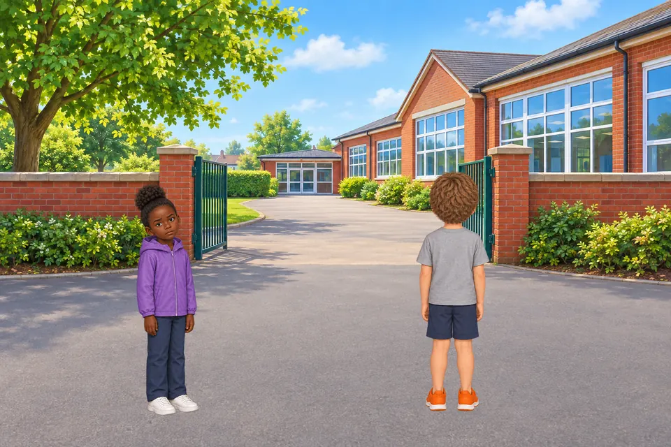 Monday morning at the painted school gate. Dara stands with her head on one side, looking puzzled. Jonah stands with his back to her, facing the gatepost.