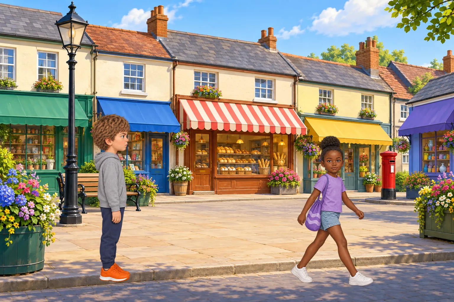 A painted village high street on a sunny morning, with a bakery under a striped awning. Dara, carrying a swimming bag, hurries along the pavement. Jonah stands further back, looking after her.