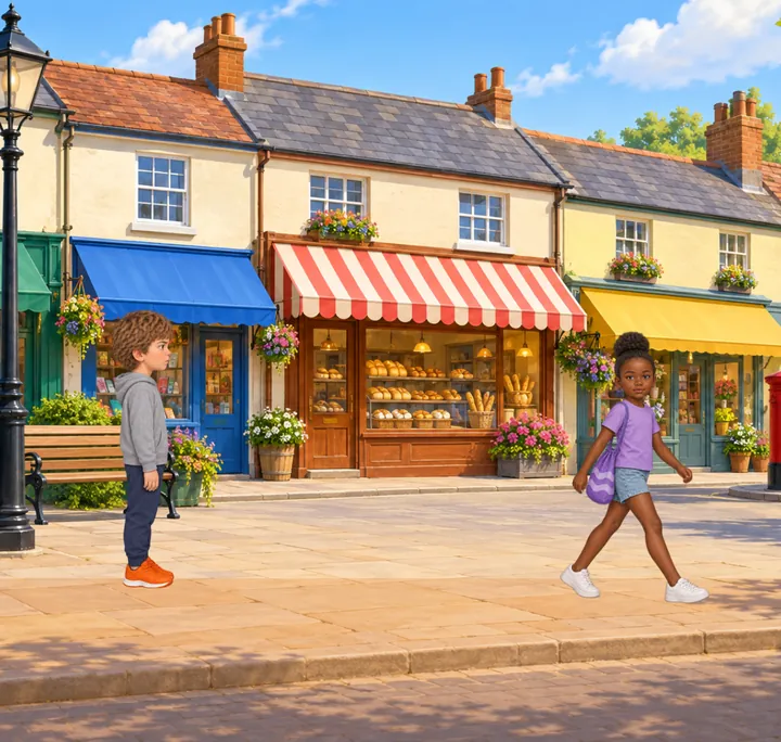 The first picture of The Wave: a painted village high street on a sunny morning, with a bakery under a striped awning. Jonah stands on the left by a bench, looking after Dara, who hurries away along the pavement with her swimming bag.