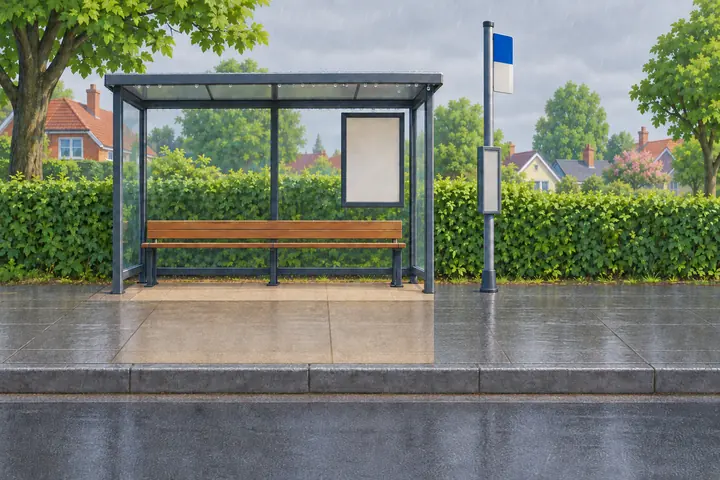 The bus stop, in the rain, painted