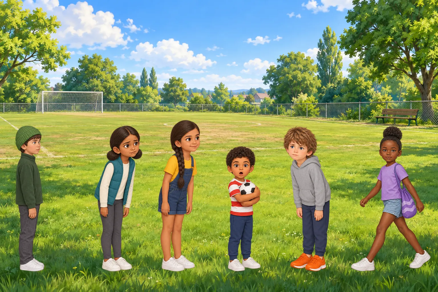 A painted playing field on a sunny day, with a goal and trees behind. Six children stand on the grass: from left, Kit in a green hat at the edge, Priya, Nadia, Omar holding a football, Jonah, and Dara arriving with her bag.