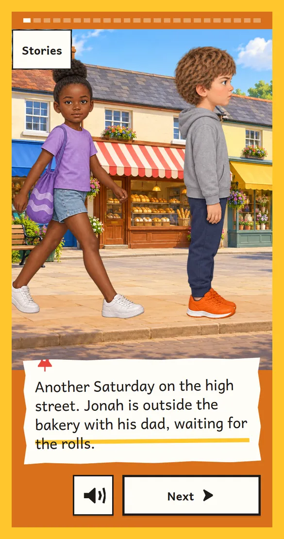 The story on a phone: Dara and Jonah on the high street, and the first line of the story on a pinned card, underlined as it is read aloud.